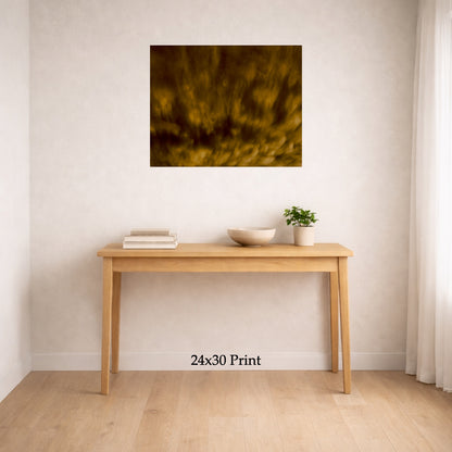 Panning For Gold as a 24x30 print on a wall above a console table, shown to scale