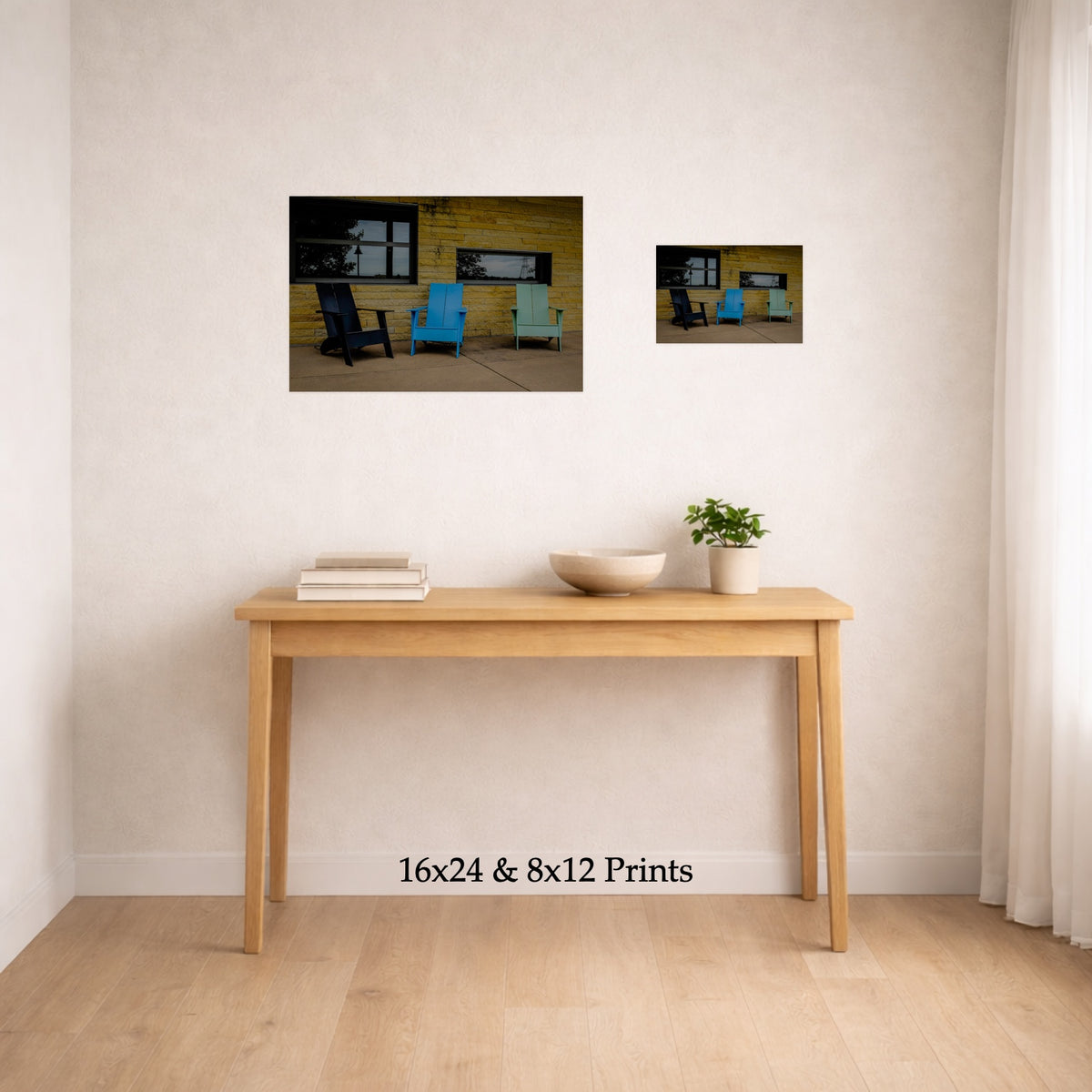 Window Seats at 16x24 and 8x12 on a wall above a console table, shown to scale