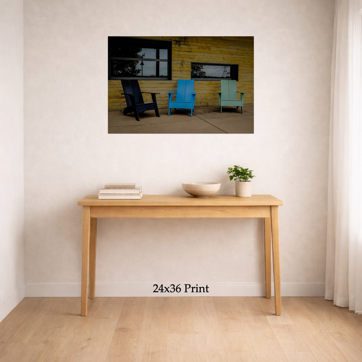 Window Seats as a 24x36 print on a wall above a console table, shown to scale