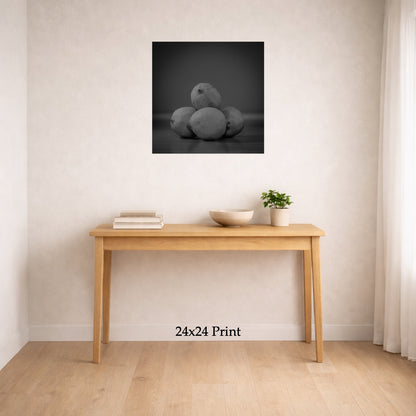 Back In Five Minutes as a 24x24 print on a wall above a console table, shown to scale