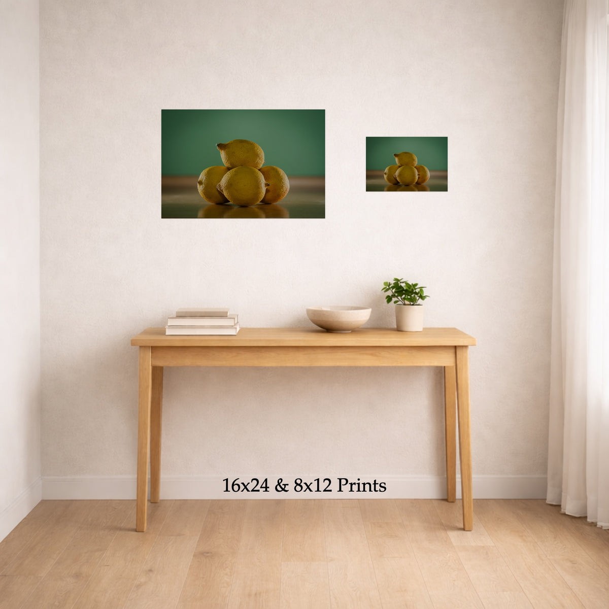 Lemonade Stand at 16x24 and 8x12 on a wall above a console table, shown to scale