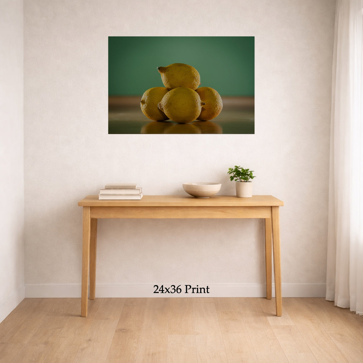 Lemonade Stand as a 24x36 print on a wall above a console table, shown to scale