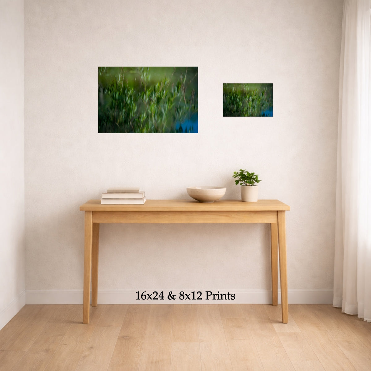 Watercolored at 16x24 and 8x12 on a wall above a console table, shown to scale