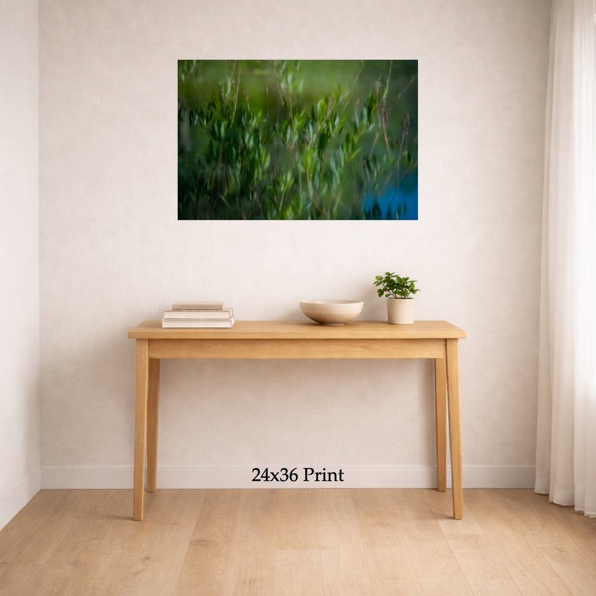 Watercolored as a 24x36 print on a wall above a console table, shown to scale