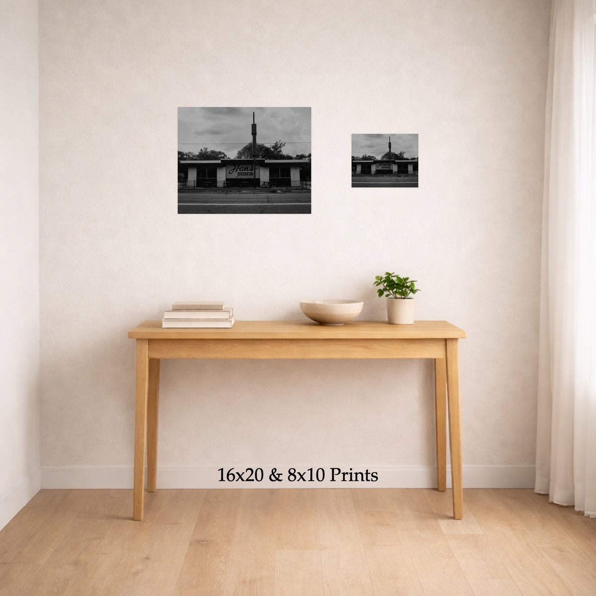 Fresh Out at 16x20 and 8x10 on a wall above a console table, shown to scale