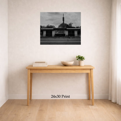 Fresh Out as a 24x30 print on a wall above a console table, shown to scale