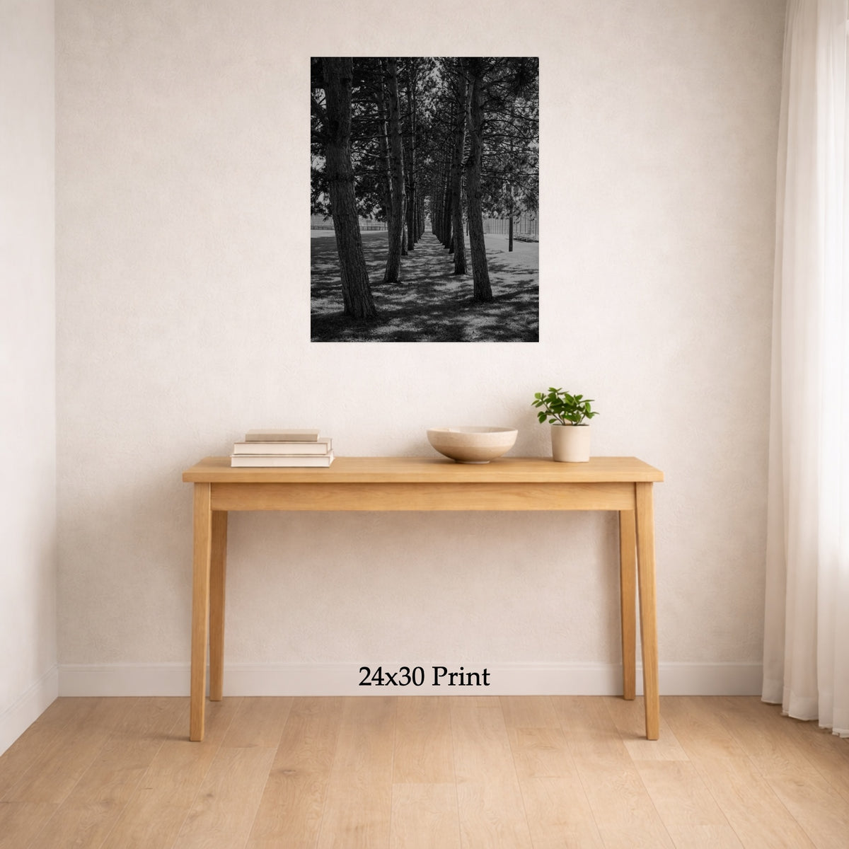 Rank And File as a 24x30 print on a wall above a console table, shown to scale