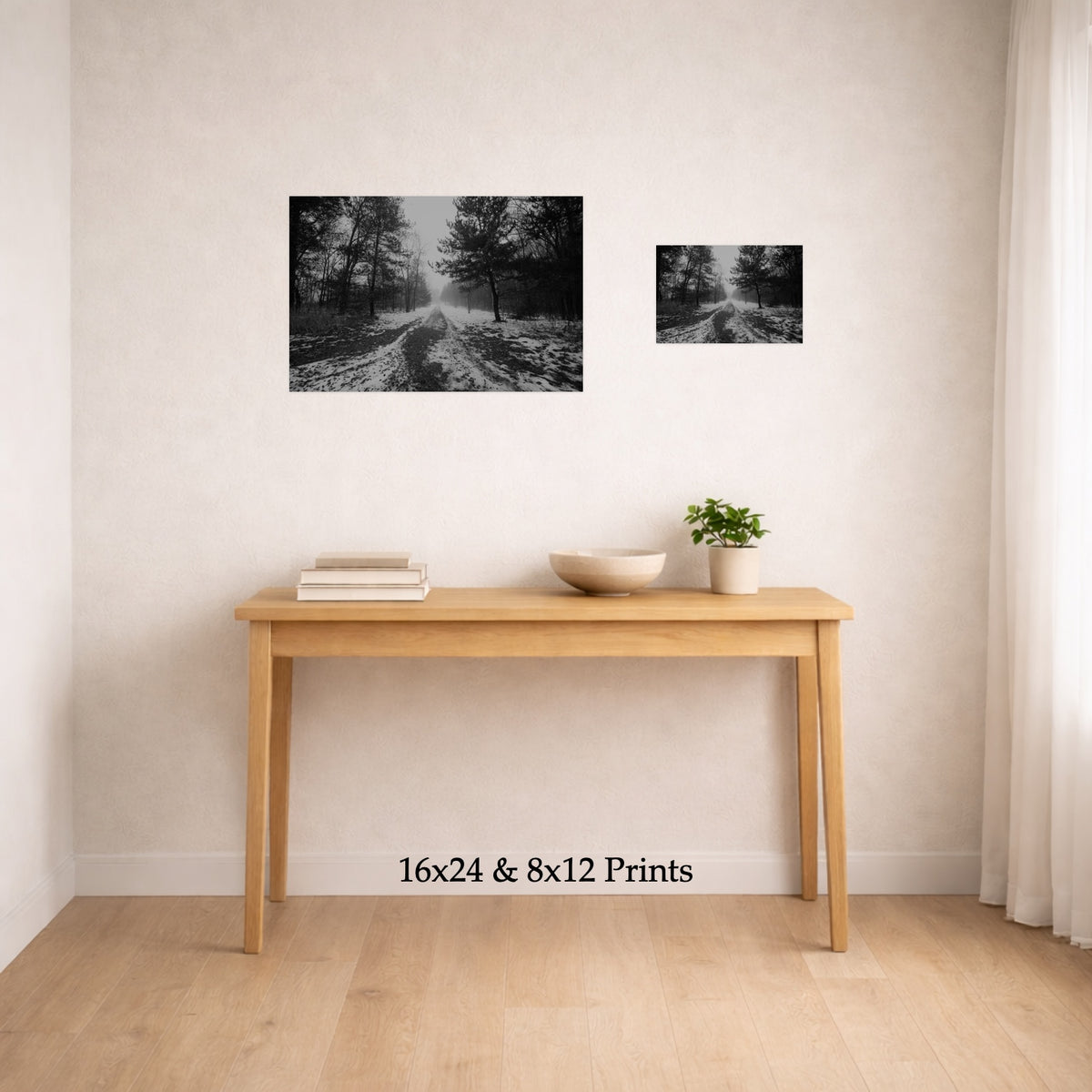 Road To Somewhere at 16x24 and 8x12 on a wall above a console table, shown to scale