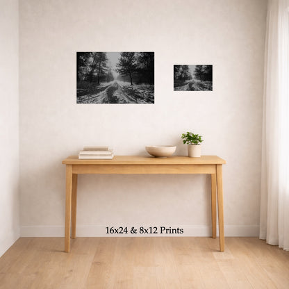 Road To Somewhere at 16x24 and 8x12 on a wall above a console table, shown to scale
