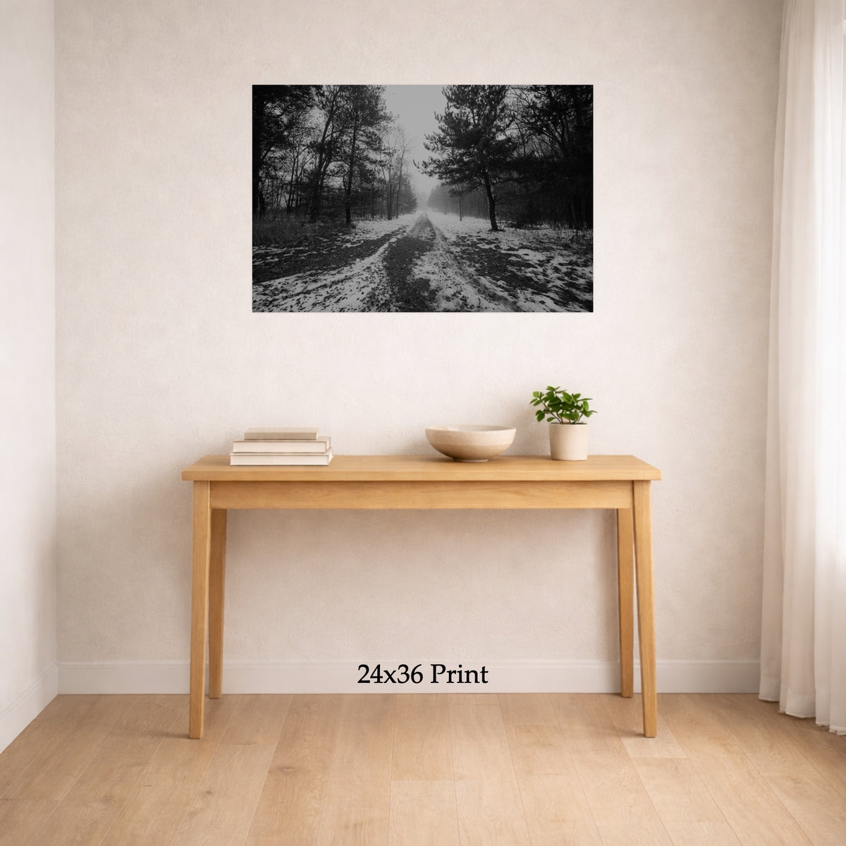 Road To Somewhere as a 24x36 print on a wall above a console table, shown to scale