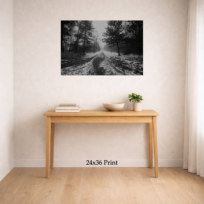 Road To Somewhere as a 24x36 print on a wall above a console table, shown to scale