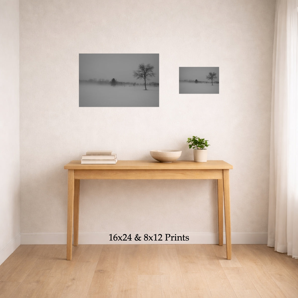 Snow Day at 16x24 and 8x12 on a wall above a console table, shown to scale
