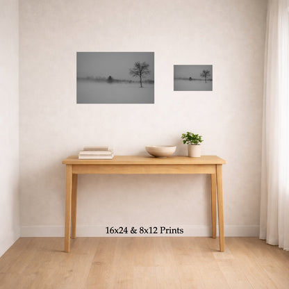 Snow Day at 16x24 and 8x12 on a wall above a console table, shown to scale