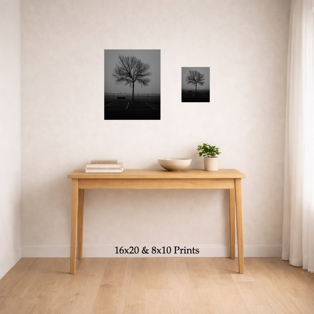 Reserved Seating at 16x20 and 8x10 on a wall above a console table, shown to scale