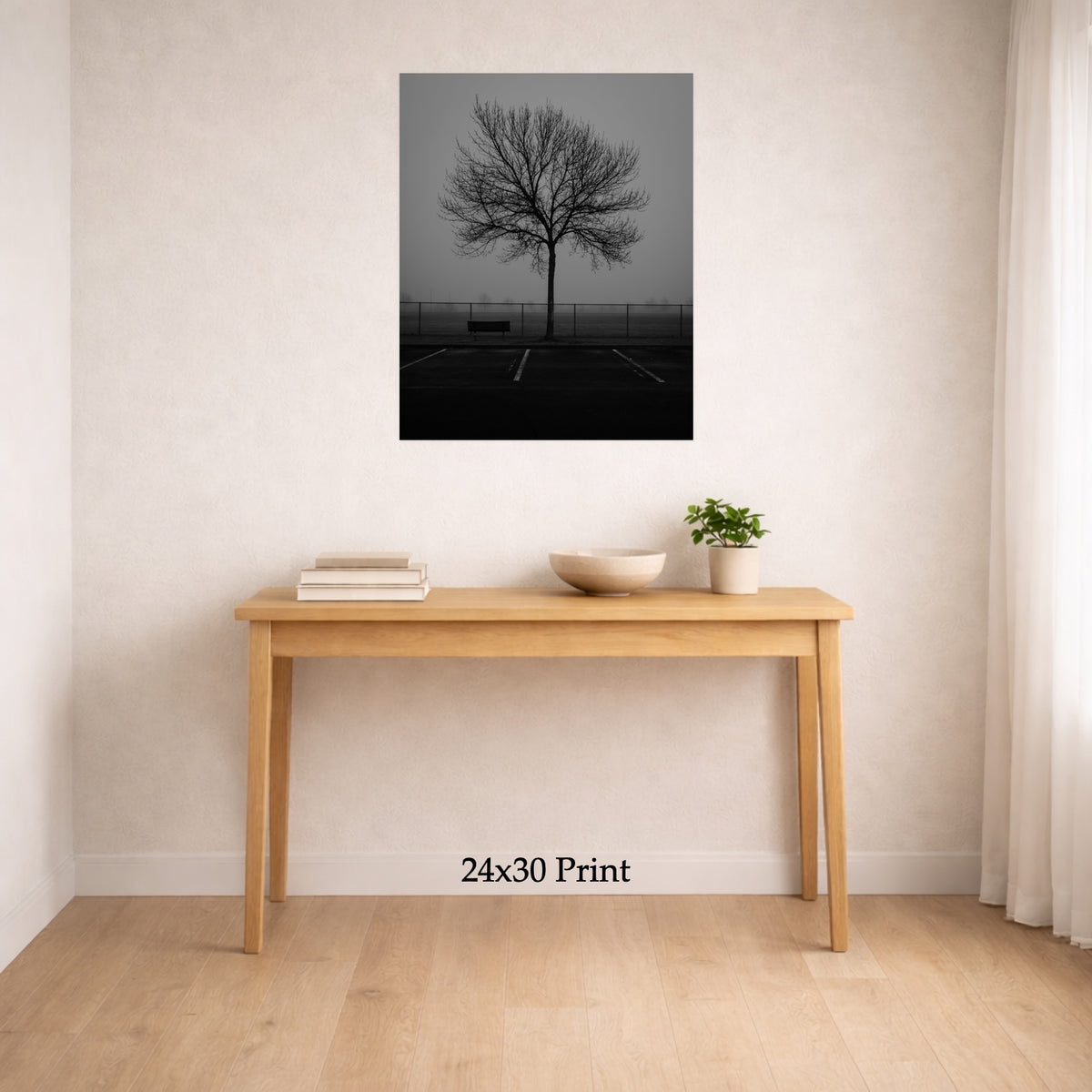 Reserved Seating as a 24x30 print on a wall above a console table, shown to scale