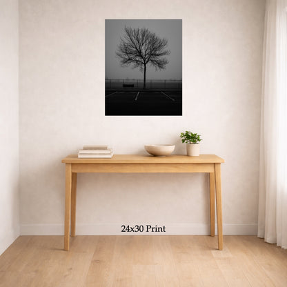 Reserved Seating as a 24x30 print on a wall above a console table, shown to scale