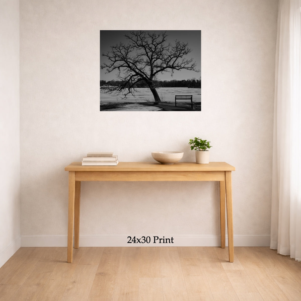 Rest Stop as a 24x30 print on a wall above a console table, shown to scale