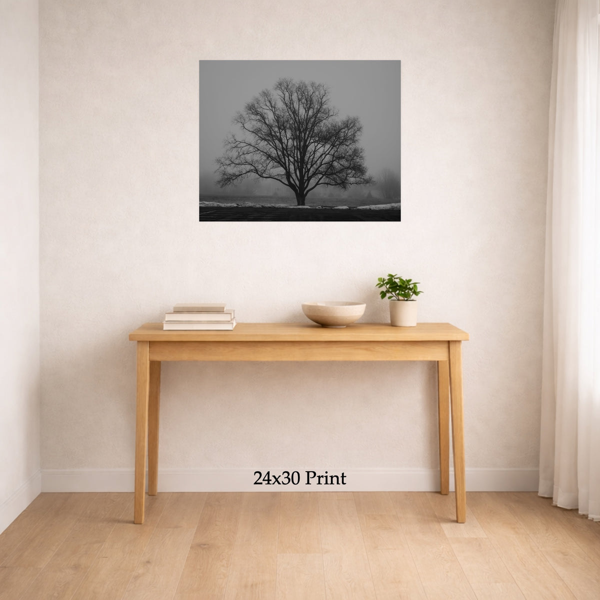 Regular Attendance as a 24x30 print on a wall above a console table, shown to scale