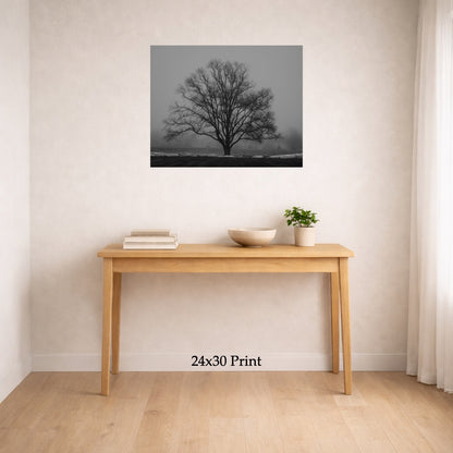 Regular Attendance as a 24x30 print on a wall above a console table, shown to scale